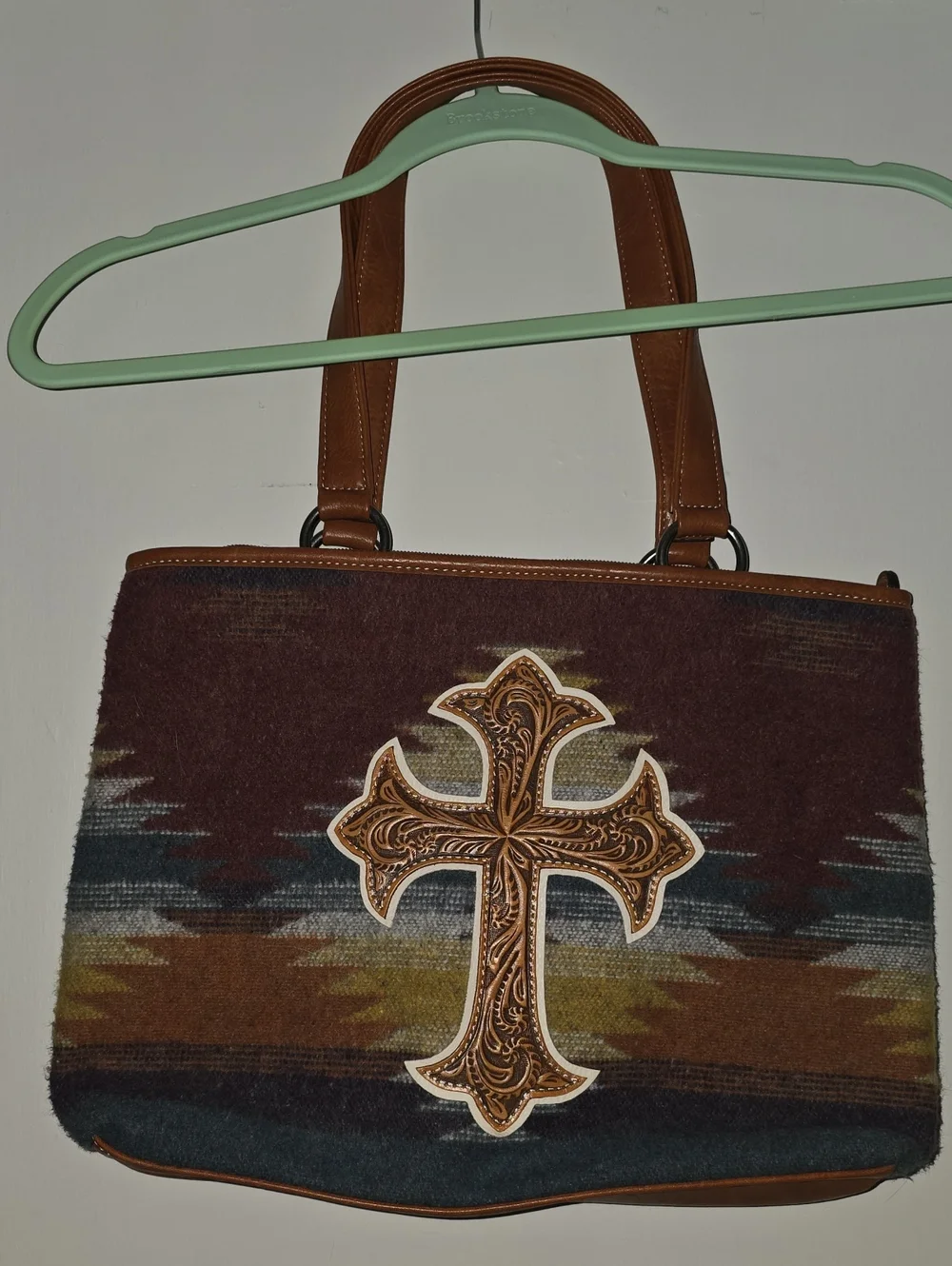 Aztec Pattern Tote with Embossed Cross Accent - Leather, Conceal Carry Purse